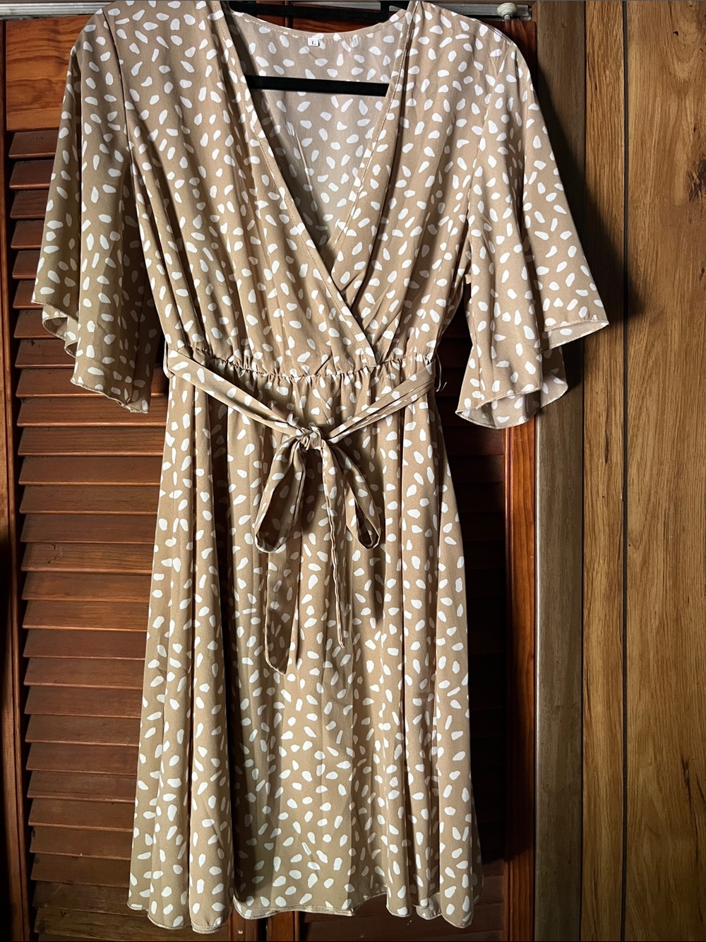 Flutter Sleeve V-Neck Wrap Dress in Tan with White Dot Print